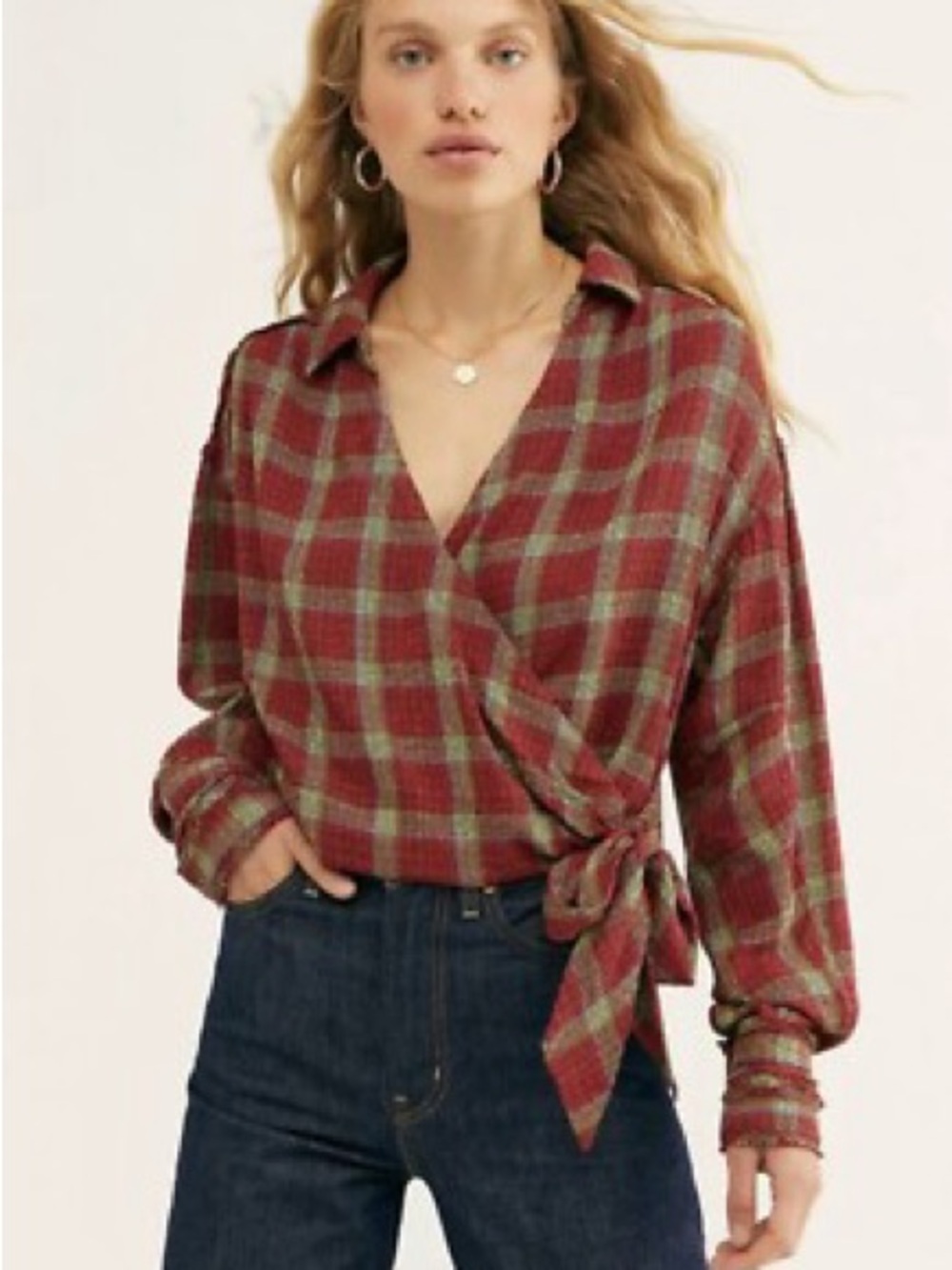 FREE PEOPLE We the Free Running Wild Red Plaid Wrap Shirt - Picture 3 of 11
